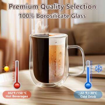 COMOME Double Walled Glass Coffee Mugs 16 OZ, Borosilicate Glass Coffee Cups Set of 4 with Spoons, Insulated Clear Coffee Mug for Hot Beverages, Cappuccino, Latte, Tea Bag.