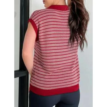 Dokotoo Women's Summer Tops Casual Striped Sweater 2025 Spring Trendy Short Sleeve V Neck Knit Blouses for Women Lightweight Color Block Pullover Shirts Top with Pocket Red Small