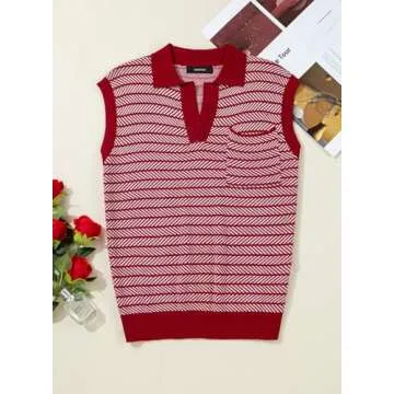 Dokotoo Women's Summer Tops Casual Striped Sweater 2025 Spring Trendy Short Sleeve V Neck Knit Blouses for Women Lightweight Color Block Pullover Shirts Top with Pocket Red Small