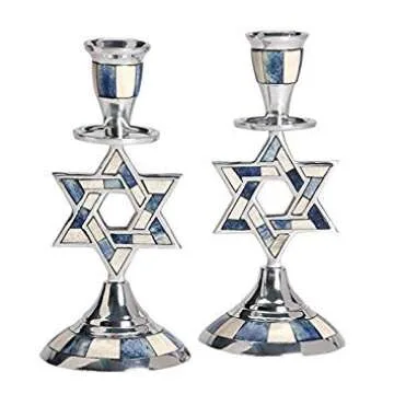 Aluminum Shabbat Star of David Candlesticks – Elegant Blue & White Inlay - Set of 2