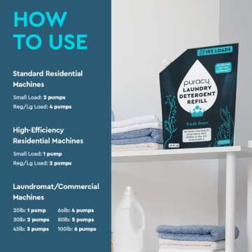 Puracy Liquid Enzyme Laundry Detergent Refill-1,4 Dioxane Free, Natural, Scent-Free Gentle Laundry Detergent Liquid Concentrate Laundry Pouch with Stain Fighting Enzymes 192 Loads Fresh Linen, 48 oz