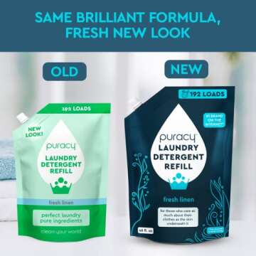 Puracy Liquid Enzyme Laundry Detergent Refill-1,4 Dioxane Free, Natural, Scent-Free Gentle Laundry Detergent Liquid Concentrate Laundry Pouch with Stain Fighting Enzymes 192 Loads Fresh Linen, 48 oz
