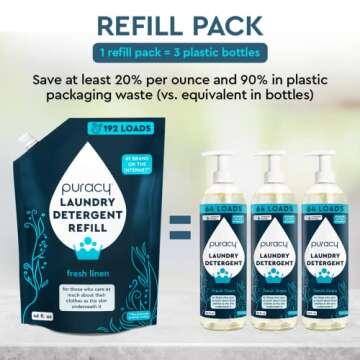 Puracy Liquid Enzyme Laundry Detergent Refill-1,4 Dioxane Free, Natural, Scent-Free Gentle Laundry Detergent Liquid Concentrate Laundry Pouch with Stain Fighting Enzymes 192 Loads Fresh Linen, 48 oz