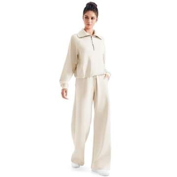 SUUKSESS Women 2 Piece Lounge Matching Sets Wide Leg Sweatpants Half Zip Oversized Sweatshirts (Apricot, S)