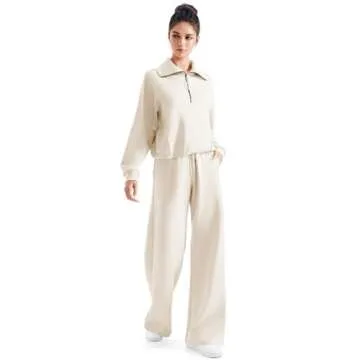 SUUKSESS Women 2 Piece Lounge Matching Sets Wide Leg Sweatpants Half Zip Oversized Sweatshirts (Apricot, S)