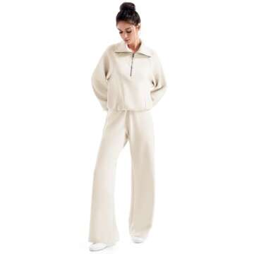 SUUKSESS Women 2 Piece Lounge Matching Sets Wide Leg Sweatpants Half Zip Oversized Sweatshirts (Apricot, S)