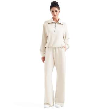 SUUKSESS Women 2 Piece Lounge Matching Sets Wide Leg Sweatpants Half Zip Oversized Sweatshirts (Apricot, S)