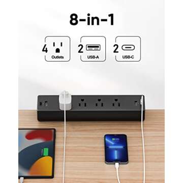 Desk Clamp Surge Protector, 10 FT Extension Cord, Fast Charging Station with 4 AC Outlets 2 USB-A an...
