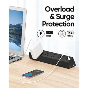 Desk Clamp Surge Protector, 10 FT Extension Cord, Fast Charging Station with 4 AC Outlets 2 USB-A and 2 USB-C Ports, Fit 1.7 inch Tabletop Edge, Desk Power Strip for Home Office Room