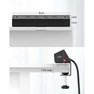 Desk Clamp Surge Protector, 10 FT Extension Cord, Fast Charging Station with 4 AC Outlets 2 USB-A and 2 USB-C Ports, Fit 1.7 inch Tabletop Edge, Desk Power Strip for Home Office Room