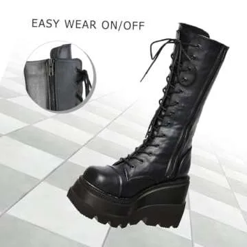 CELNEPHO Womens High Platform Mid Calf Wedges Chunky High Heel Round-Toe Side Zip Punk Combat Boots For Women