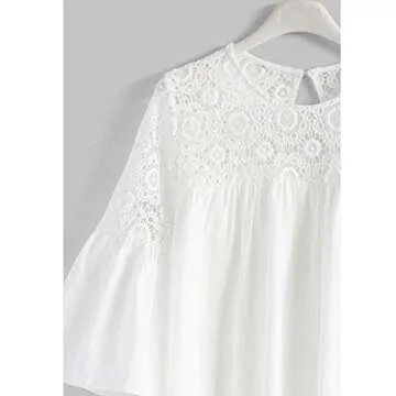 CHICWISH Women's Floral Crochet Panel White Bell Sleeves Dolly Top Blouse