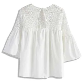 CHICWISH Women's Floral Crochet Panel White Bell Sleeves Dolly Top Blouse