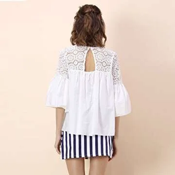 CHICWISH Women's Floral Crochet Panel White Bell Sleeves Dolly Top Blouse