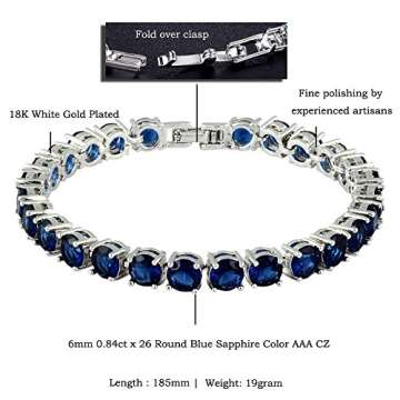 RIZILIA Round Cut Simulated Blue Sapphire CZ 18K Gold Plated Tennis Bracelet, 7"