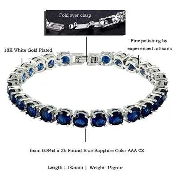 RIZILIA Round Cut Simulated Blue Sapphire CZ 18K Gold Plated Tennis Bracelet, 7"