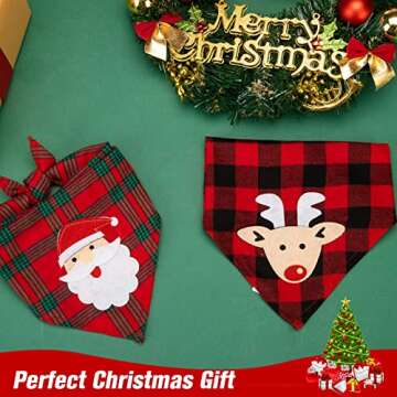 PAWCHIE 2 PCS Christmas Dog Bandanas with Handmade Applique (Santa Claus & Elk), Washable Plaid Triangle Bibs Scarfs for Puppy