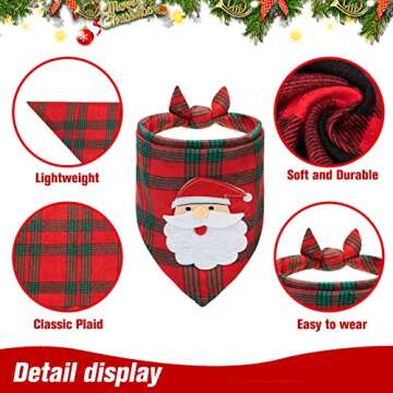 PAWCHIE 2 PCS Christmas Dog Bandanas with Handmade Applique (Santa Claus & Elk), Washable Plaid Triangle Bibs Scarfs for Puppy