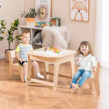 INFANS Kids Table and Chair Set, 3 in 1 Wooden Activity Table with Removable Tabletop, Blackboard an...