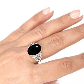 JEWELOPORIUM Black Onyx Silver Ring Size 13, 925 Sterling Silver Ring for Women, Natural Oval Gemsto...