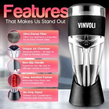 Vinvoli Deluxe Red Wine Aerator Decanter - Unique Three-Stage Aeration, Sediment Filter, No-Drip Stand - Quality and Convenience for Wine Lovers and Sommeliers