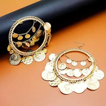 RechicGu Gold 1Pair Vintage Tribal Rare Coins Big Hoop Banjara Kuchi Belly Dance Chain Boho Gypsy Dangle Earrings,3.9",30g/pc
