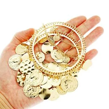 RechicGu Gold 1Pair Vintage Tribal Rare Coins Big Hoop Banjara Kuchi Belly Dance Chain Boho Gypsy Dangle Earrings,3.9",30g/pc