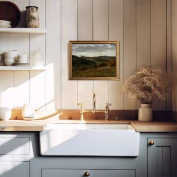 KBKBART Gold Framed Vintage Landscape Wall Art Home Decor, Retro Mountain Vintage Painting Prints, Moody Countryside Farmhouse Landscape Wall Decor, Canvas Wall Art for Living Room Decor Bedroom Home Bathroom Wall Decor(8"x10")