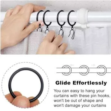 DHYLRICHER 60 Pieces Metal Drapery Curtain Rings Curtain Hanging Rings and 60 Pieces Metal Curtain Drapery Pin Hooks for Window Curtain, Door Curtain and Shower Curtain (Black)