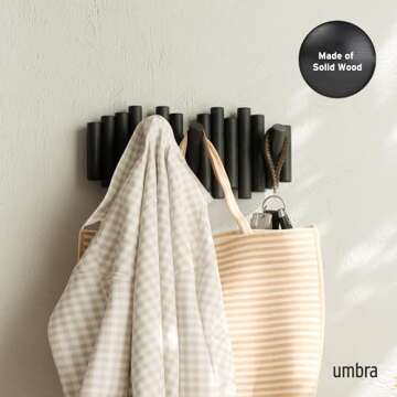 Umbra Picket Wall-Mounted Coat Rack Rail Hook with 5 Retractable Wood Pegs – Modern, Space-Saving ...