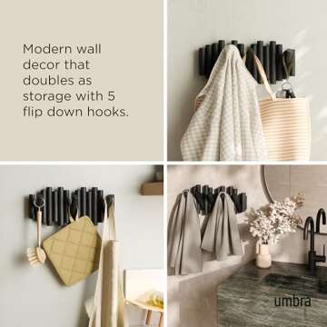 Umbra Picket Wall-Mounted Coat Rack Rail Hook with 5 Retractable Wood Pegs – Modern, Space-Saving Storage Organizer, Black