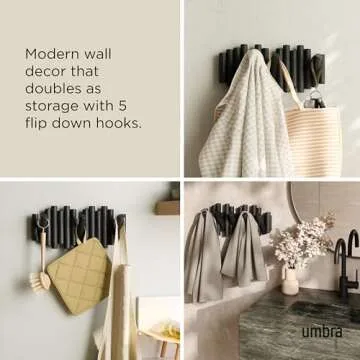 Umbra Picket Wall-Mounted Coat Rack Rail Hook with 5 Retractable Wood Pegs – Modern, Space-Saving Storage Organizer, Black