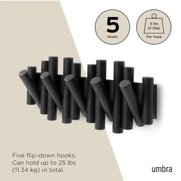 Umbra Picket Wall-Mounted Coat Rack Rail Hook with 5 Retractable Wood Pegs – Modern, Space-Saving Storage Organizer, Black