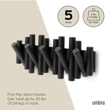 Umbra Picket Wall-Mounted Coat Rack Rail Hook with 5 Retractable Wood Pegs – Modern, Space-Saving Storage Organizer, Black