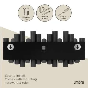 Umbra Picket Wall-Mounted Coat Rack Rail Hook with 5 Retractable Wood Pegs – Modern, Space-Saving Storage Organizer, Black
