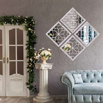 Rustic Decorative Wall Mirror Decor- Living Room Farmhouse 2pcs Wall Mounted Mirror for Bedroom Kitchen Bathroom Entryway Laundry Home Decor Clearance, 12 inch Small White Mirror Art