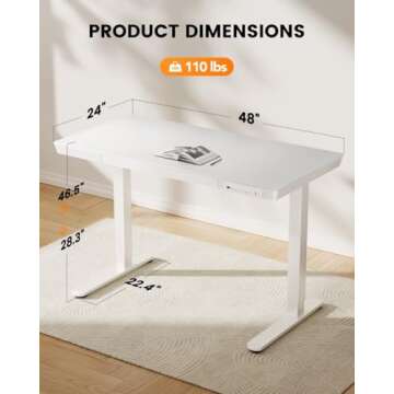 ErGear Standing Desk with Drawer, Glass Top One Piece, 48x24 inch Height Adjustable Desk, Electric Standing Desk with Charging Ports, Sit Stand Up Desk for Home Office(White Glass Top)