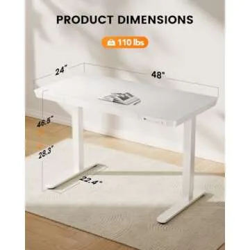 ErGear Standing Desk with Drawer, Glass Top One Piece, 48x24 inch Height Adjustable Desk, Electric Standing Desk with Charging Ports, Sit Stand Up Desk for Home Office(White Glass Top)