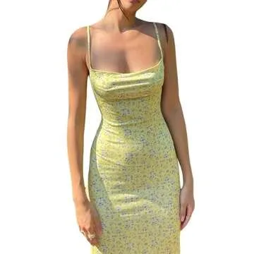 Womens Spaghetti Strap Sleeveless Cut Out Maxi Dress Backless Thigh-high Slit Bodycon Maxi Long Dress Club Party Dress S B Yellow