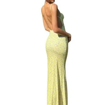 Womens Spaghetti Strap Sleeveless Cut Out Maxi Dress Backless Thigh-high Slit Bodycon Maxi Long Dress Club Party Dress S B Yellow