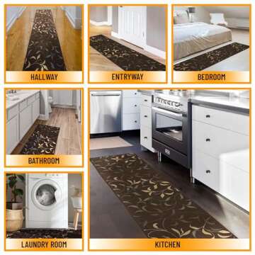 Machine Washable Leaves Design Non-Slip Rubberback 2x5 Traditional Runner Rug for Hallway, Kitchen, Bedroom, Entryway, 20" x 59", Brown