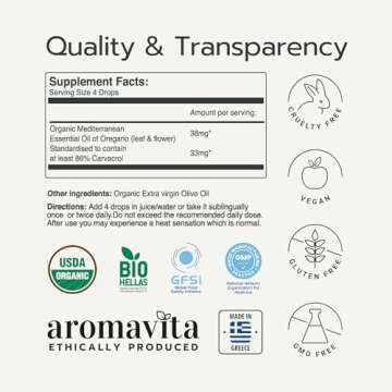 AROMAVITA ImunON Greek Oregano Oil Organic Liquid Drops with 86-90% Carvacrol - for Immune and Digestive Support - Plant-Based, Herbal Supplement - Vegan, Non GMO, Gluten Free, 1fl.oz/30ml