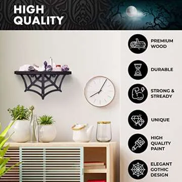 CEFRECO Spider Web Floating Shelf - Gothic Halloween Hanging Shelf with Hooks for Wall Oddities and Curiosities - Black Spooky Goth Wall Decor for Kitchen and Home - Crystal Display Shelf for Stones