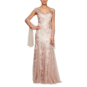 Alex Evenings Women's Long Fit and Flare Mother of The Bride Dress with Godet Detail in Rose Gold