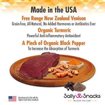 Sally Snacks New Zealand Venison Jerky Dog Treats. All Natural. USA Made. Organic Ingredients - Non-GMO, Grass Fed, Free Range, No Added Hormones, or Preservatives.