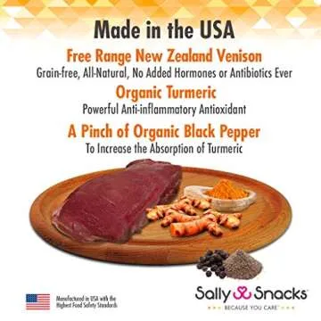 Sally Snacks New Zealand Venison Jerky Dog Treats. All Natural. USA Made. Organic Ingredients - Non-GMO, Grass Fed, Free Range, No Added Hormones, or Preservatives.