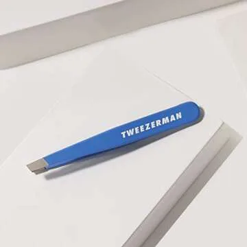 Tweezerman Mini Slant Travel Tweezers For Eyebrows, Travel Tweezers for Eyebrows, Facial Hair, Ingrown Hair (Bahama Blue)