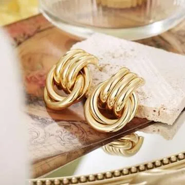 RAUCHBE Chunky Gold Earrings for Women Large Knot Earrings Geometric Dangle Drop Earrings Trendy Jewelry
