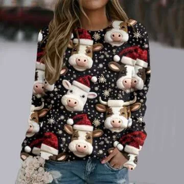 Funny Xmas Cow Print Sweatshirt for Women