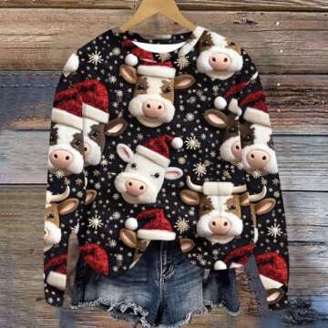 Funny Xmas Cow Print Sweatshirt for Women